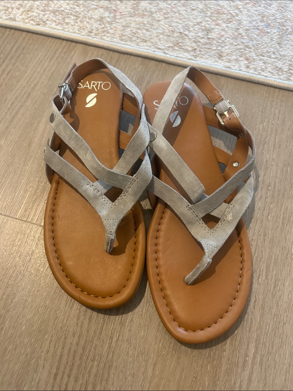 Franco Sarto Gray Suede Strappy Toe-Post Sandals
